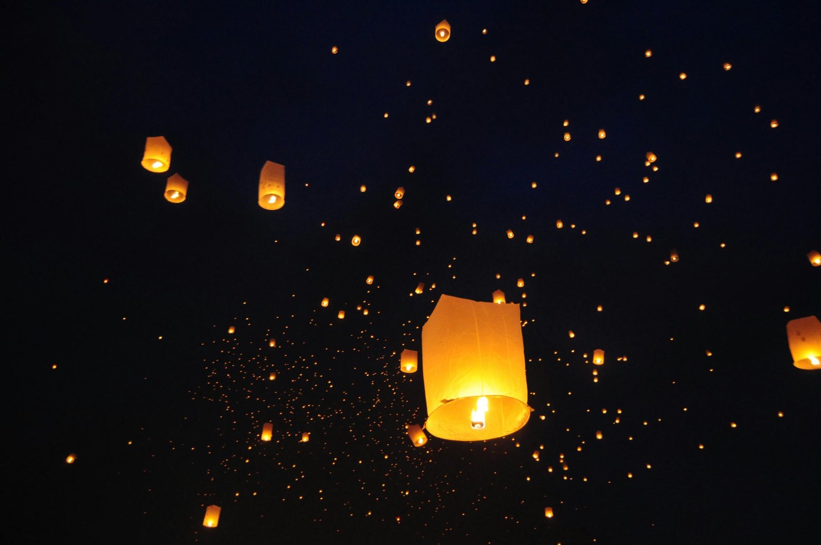 Lanterns lit at dusk